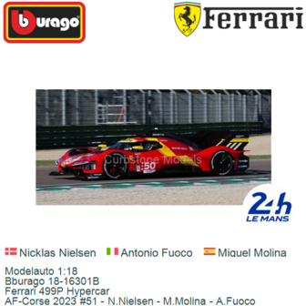 Modelauto 1:18 | Bburago 18-16301B | Ferrari 499P Hypercar | AF-Corse 2023 #51 - N.Nielsen - M.Molina - A.Fuoco