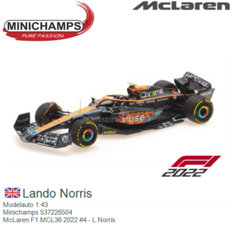 Modelauto 1:43 | Minichamps 537226504 | McLaren F1 MCL36 2022 #4 - L.Norris
