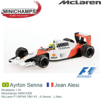 Modelauto 1:43 | Minichamps 540914328 | McLaren F1 MP4/6 1991 #1 - A.Senna - J.Alesi
