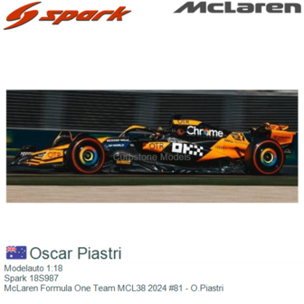Modelauto 1:18 | Spark 18S987 | McLaren Formula One Team MCL38 2024 #81 - O.Piastri