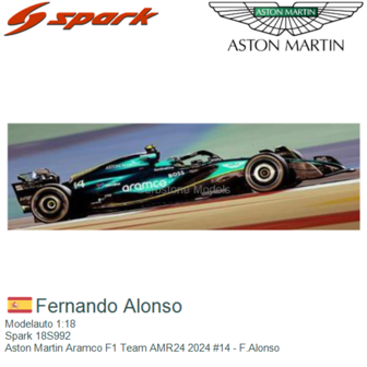 Modelauto 1:18 | Spark 18S992 | Aston Martin Aramco F1 Team AMR24 2024 #14 - F.Alonso