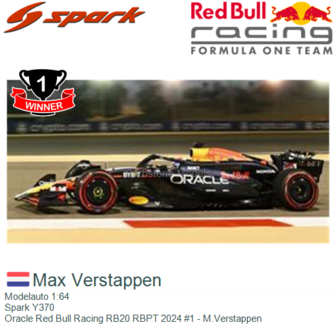 Modelauto 1:64 | Spark Y370 | Oracle Red Bull Racing RB20 RBPT 2024 #1 - M.Verstappen