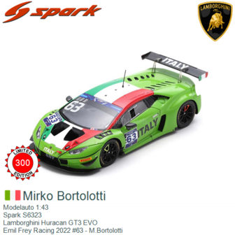 Modelauto 1:43 | Spark S6323 | Lamborghini Huracan GT3 EVO | Emil Frey Racing 2022 #63 - M.Bortolotti