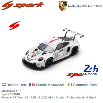 Modelauto 1:18 | Spark 18S818 | Porsche GT Team 911 RSR-19 2022 #91 - R.Lietz - F.Makowiecki - G.Bruni