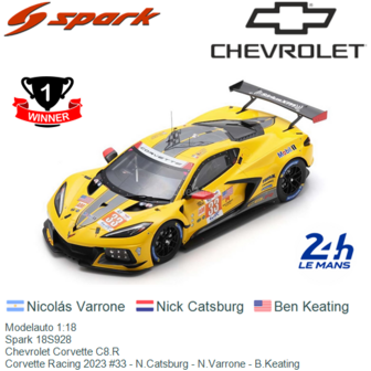 Modelauto 1:18 | Spark 18S928 | Chevrolet Corvette C8.R | Corvette Racing 2023 #33 - N.Catsburg - N.Varrone - B.Keating