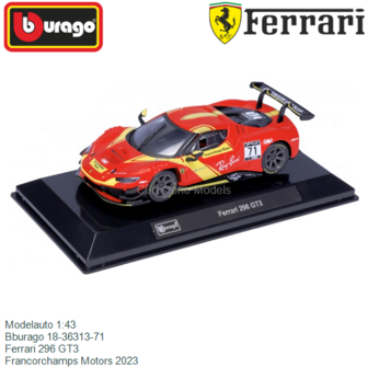 Modelauto 1:43 | Bburago 18-36313-71 | Ferrari 296 GT3 | Francorchamps Motors 2023