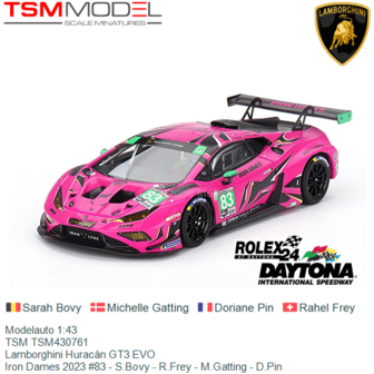 Modelauto 1:43 | TSM TSM430761 | Lamborghini Hurac&aacute;n GT3 EVO | Iron Dames 2023 #83 - S.Bovy - R.Frey - M.Gatting - D.Pin