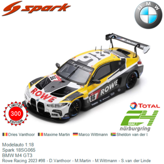 Modelauto 1:18 | Spark 18SG065 | BMW M4 GT3 | Rowe Racing 2023 #98 - D.Vanthoor - M.Martin - M.Wittmann - S.van der Linde