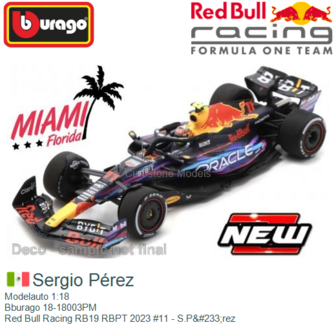Modelauto 1:18 | Bburago 18-18003PM | Red Bull Racing RB19 RBPT 2023 #11 - S.P&amp;#233;rez