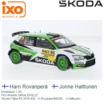 Modelauto 1:24 | IXO-Models 24RAL031B.22 | Skoda Fabia R5 2018 #32 - H.Rovanper&amp;#228; - J.Halttunen