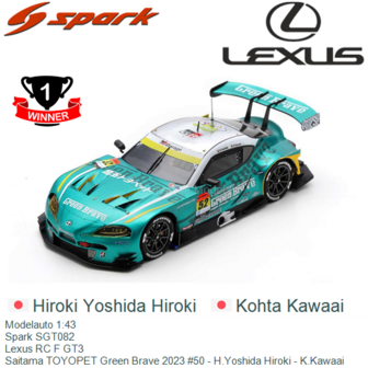 Modelauto 1:43 | Spark SGT082 | Lexus RC F GT3 | Saitama TOYOPET Green Brave 2023 #50 - H.Yoshida Hiroki - K.Kawaai