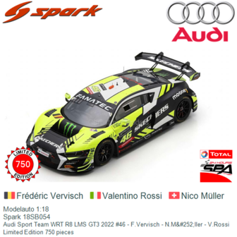 Modelauto 1:18 | Spark 18SB054 | Audi Sport Team WRT R8 LMS GT3 2022 #46 - F.Vervisch - N.M&amp;#252;ller - V.Rossi