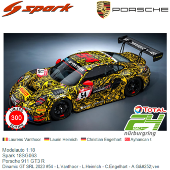 Modelauto 1:18 | Spark 18SG063 | Porsche 911 GT3 R | Dinamic GT SRL 2023 #54 - L.Vanthoor - L.Heinrich - C.Engelhart - A.G&amp;