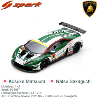 Modelauto 1:43 | Spark SGT087 | Lamborghini Huracan GT3 EVO2 | JLOC Bamboo Airways 2023 #87 - K.Matsuura - N.Sakaguchi