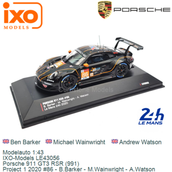 Modelauto 1:43 | IXO-Models LE43056 | Porsche 911 GT3 RSR (991) | Project 1 2020 #86 - B.Barker - M.Wainwright - A.Watson