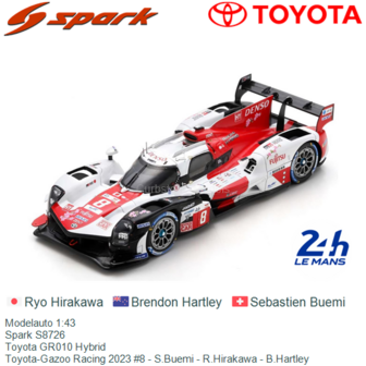 Modelauto 1:43 | Spark S8726 | Toyota GR010 Hybrid | Toyota-Gazoo Racing 2023 #8 - S.Buemi - R.Hirakawa - B.Hartley