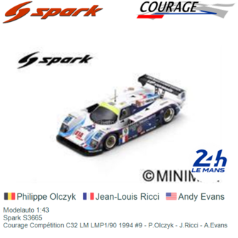 Modelauto 1:43 | Spark S3665 | Courage Comp&eacute;tition C32 LM LMP1/90 1994 #9 - P.Olczyk - J.Ricci - A.Evans