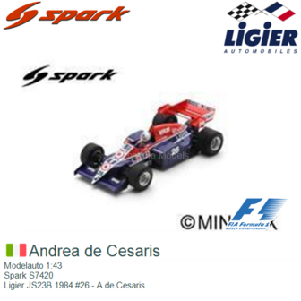 Modelauto 1:43 | Spark S7420 | Ligier JS23B 1984 #26 - A.de Cesaris