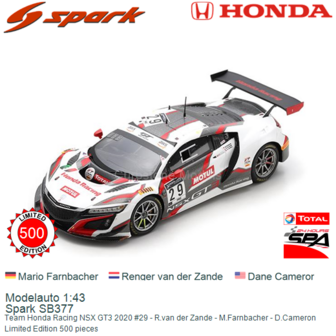 Modelauto 1:43 | Spark SB377 | Team Honda Racing NSX GT3 2020 #29 - R.van der Zande - M.Farnbacher - D.Cameron