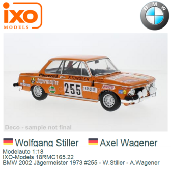 Modelauto 1:18 | IXO-Models 18RMC165.22 | BMW 2002 J&auml;germeister 1973 #255 - W.Stiller - A.Wagener