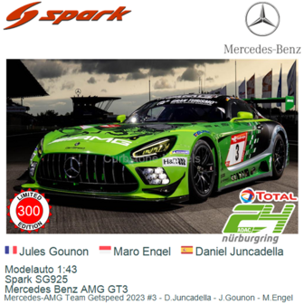 Modelauto 1:43 | Spark SG925 | Mercedes Benz AMG GT3 | Mercedes-AMG Team Getspeed 2023 #3 - D.Juncadella - J.Gounon - M.Engel