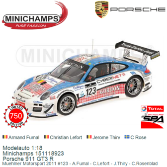 Modelauto 1:18 | Minichamps 151118923 | Porsche 911 GT3 R | Muehlner Motorsport 2011 #123 - A.Fumal - C.Lefort - J.Thiry - C.Ro