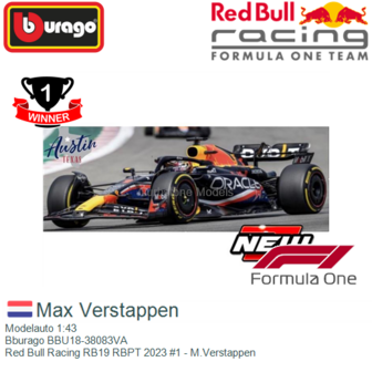 Modelauto 1:43 | Bburago BBU18-38083VA | Red Bull Racing RB19 RBPT 2023 #1 - M.Verstappen