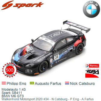 Modelauto 1:43 | Spark SB411 | BMW M6 GT3 | Walkenhorst Motorsport 2020 #34 - N.Catsburg - P.Eng - A.Farfus