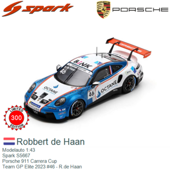 Modelauto 1:43 | Spark S5667 | Porsche 911 Carrera Cup | Team GP Elite 2023 #46 - R.de Haan