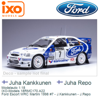 Modelauto 1:18 | IXO-Models 18RMC170.A22 | Ford Escort WRC Martini 1998 #7 - J.Kankkunen - J.Repo