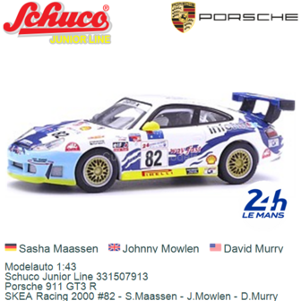 Modelauto 1:43 | Schuco Junior Line 331507913 | Porsche 911 GT3 R | SKEA Racing 2000 #82 - S.Maassen - J.Mowlen - D.Murry