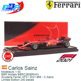 Modelauto 1:43 | BBR Models BBRC260BRAIN | Scuderia Ferrari SF21 2021 #55 - C.Sainz