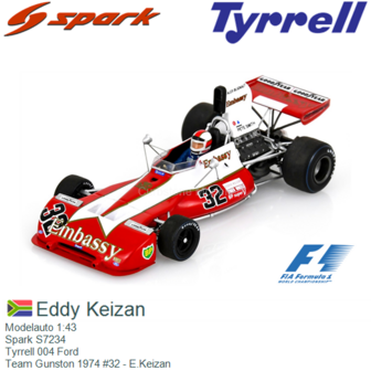 Modelauto 1:43 | Spark S7234 | Tyrrell 004 Ford | Team Gunston 1974 #32 - E.Keizan