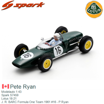 Modelauto 1:43 | Spark S7459 | Lotus 18-21 | J. R. BARC Formula One Team 1961 #16 - P.Ryan