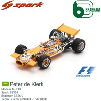 Modelauto 1:43 | Spark S8324 | Brabham BT26A | Team Guston 1970 #24 - P.de Klerk