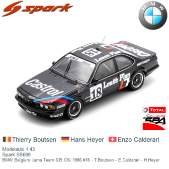 Modelauto 1:43 | Spark SB669 | BMW Belgium Juma Team 635 CSi 1986 #18 - T.Boutsen - E.Calderari - H.Heyer