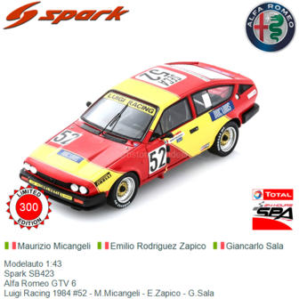 Modelauto 1:43 | Spark SB423 | Alfa Romeo GTV 6 | Luigi Racing 1984 #52 - M.Micangeli - E.Zapico - G.Sala