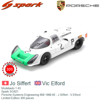 Modelauto 1:43 | Spark SG821 | Porsche Systems Engineering 908 1968 #2 - J.Siffert - V.Elford