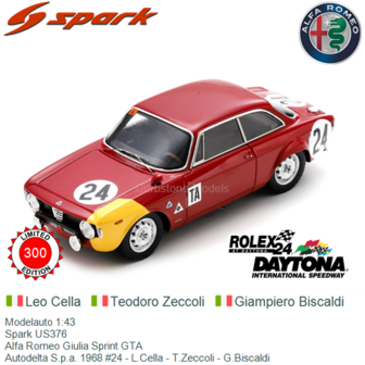 Modelauto 1:43 | Spark US376 | Alfa Romeo Giulia Sprint GTA | Autodelta S.p.a. 1968 #24 - L.Cella - T.Zeccoli - G.Biscaldi