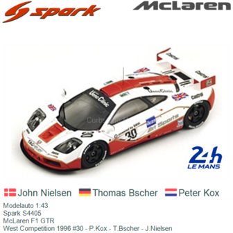 Modelauto 1:43 | Spark S4405 | McLaren F1 GTR | West Competition 1996 #30 - P.Kox - T.Bscher - J.Nielsen