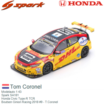 Modelauto 1:43 | Spark SA181 | Honda Civic Type-R TCR | Boutsen Ginion Racing 2018 #9 - T.Coronel
