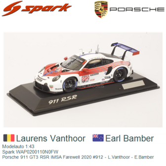 Modelauto 1:43 | Spark WAP0200110N0FW | Porsche 911 GT3 RSR IMSA Farewell 2020 #912 - L.Vanthoor - E.Bamber