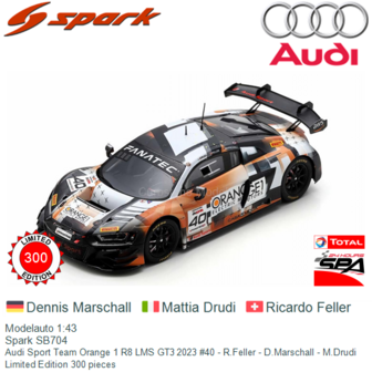 Modelauto 1:43 | Spark SB704 | Audi Sport Team Orange 1 R8 LMS GT3 2023 #40 - R.Feller - D.Marschall - M.Drudi