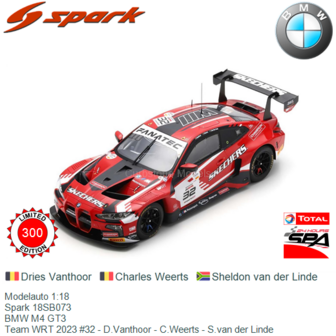 Modelauto 1:18 | Spark 18SB073 | BMW M4 GT3 | Team WRT 2023 #32 - D.Vanthoor - C.Weerts - S.van der Linde