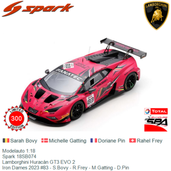 Modelauto 1:18 | Spark 18SB074 | Lamborghini Hurac&aacute;n GT3 EVO 2 | Iron Dames 2023 #83 - S.Bovy - R.Frey - M.Gatting - D.Pin