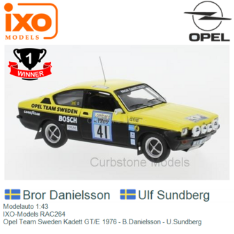 Modelauto 1:43 | IXO-Models RAC264 | Opel Team Sweden Kadett GT/E 1976 - B.Danielsson - U.Sundberg