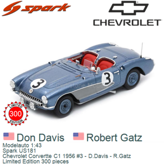 Modelauto 1:43 | Spark US181 | Chevrolet Corvertte C1 1956 #3 - D.Davis - R.Gatz 