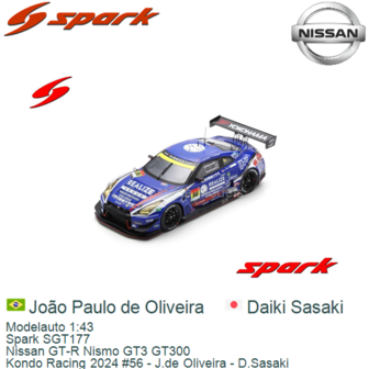 Modelauto 1:43 | Spark SGT177 | Nissan GT-R Nismo GT3 GT300 | Kondo Racing 2024 #56 - J.de Oliveira - D.Sasaki