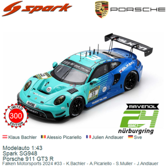 Modelauto 1:43 | Spark SG948 | Porsche 911 GT3 R | Falken Motorsports 2024 #33 - K.Bachler - A.Picariello - S.Muller - J.Andlau
