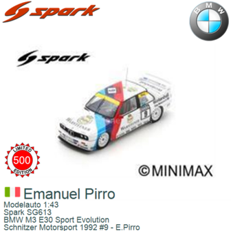 Modelauto 1:43 | Spark SG613 | BMW M3 E30 Sport Evolution | Schnitzer Motorsport 1992 #9 - E.Pirro